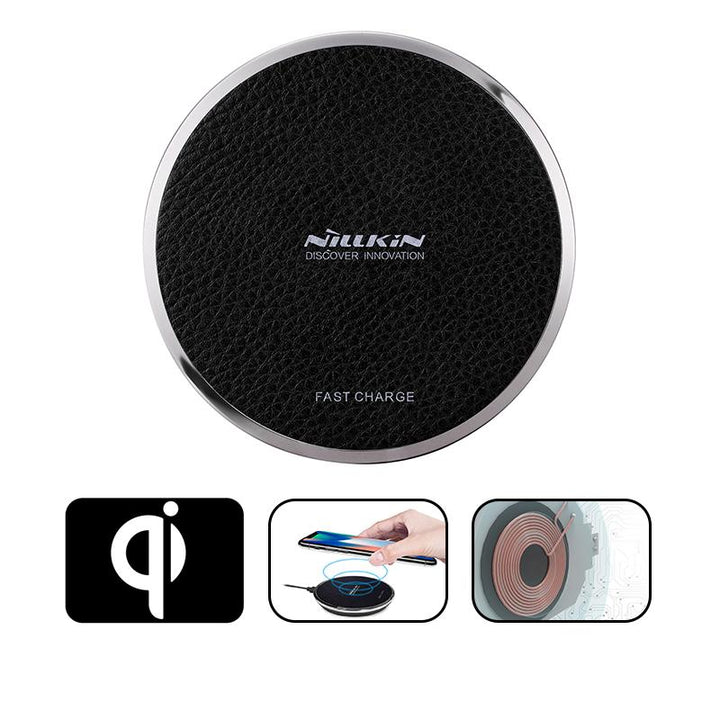 Qi Wireless Charger with Leather Top and Metal Rim