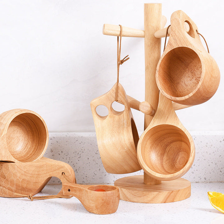 Nordic Wooden Coffee Cup Set with Hanging Tree Rack