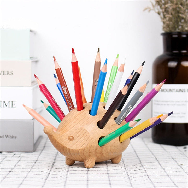 Wooden Hedgehog Pen Holder for Colorful Desk Decor