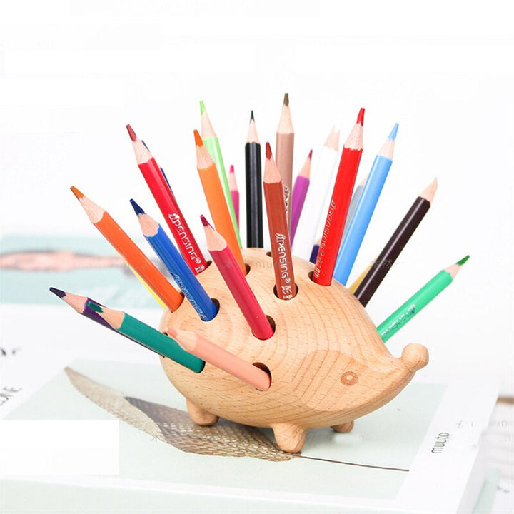 Wooden Hedgehog Pen Holder for Colorful Desk Decor