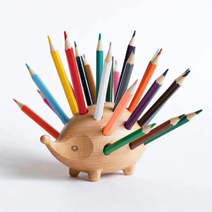 Wooden Hedgehog Pen Holder for Colorful Desk Decor