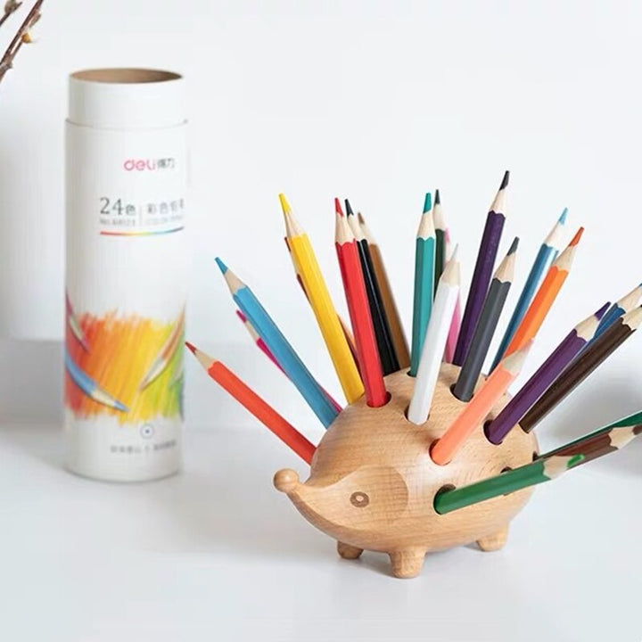 Wooden Hedgehog Pen Holder for Colorful Desk Decor