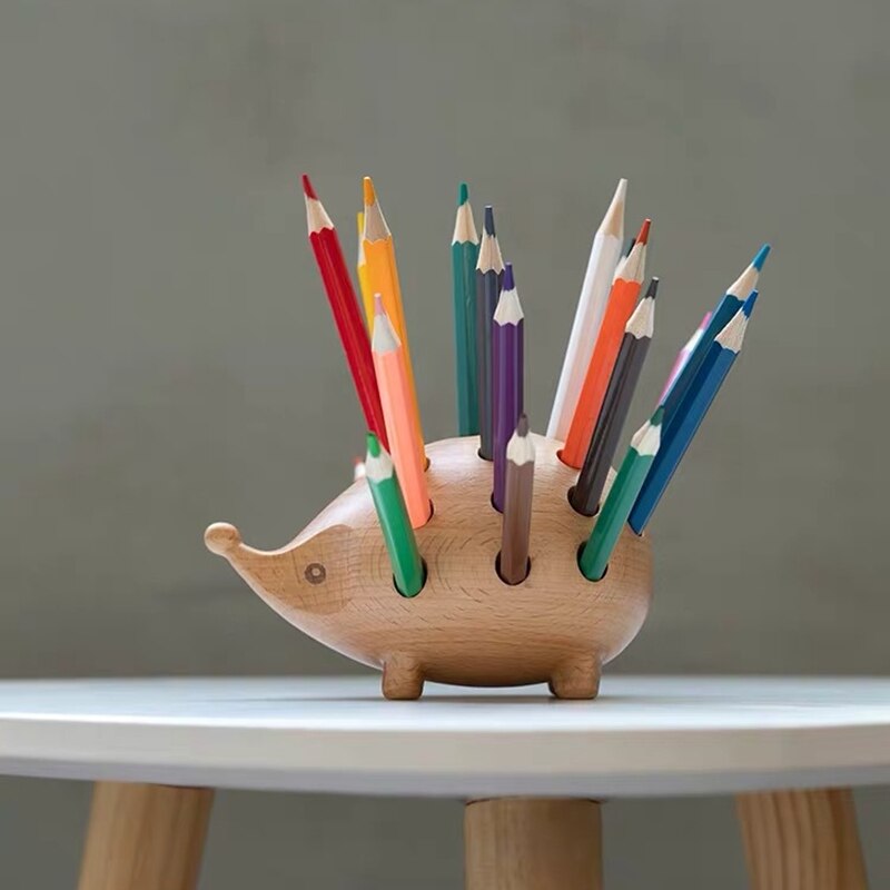 Wooden Hedgehog Pen Holder for Colorful Desk Decor