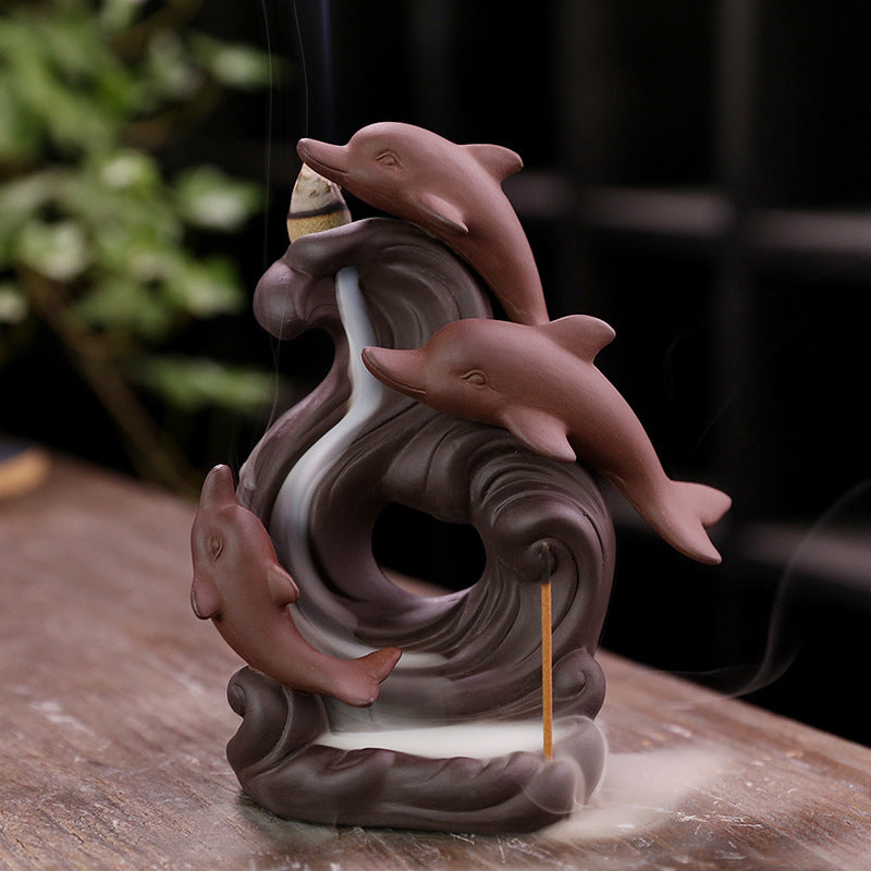 Dolphin Backflow Incense Burner Ceramic Waterfall Decor