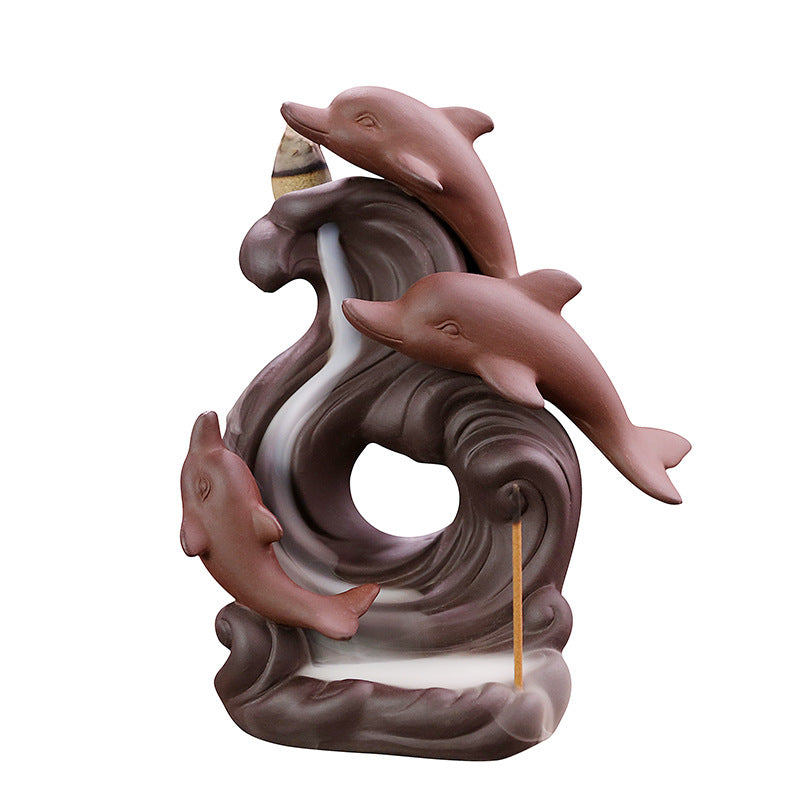 Dolphin Backflow Incense Burner Ceramic Waterfall Decor