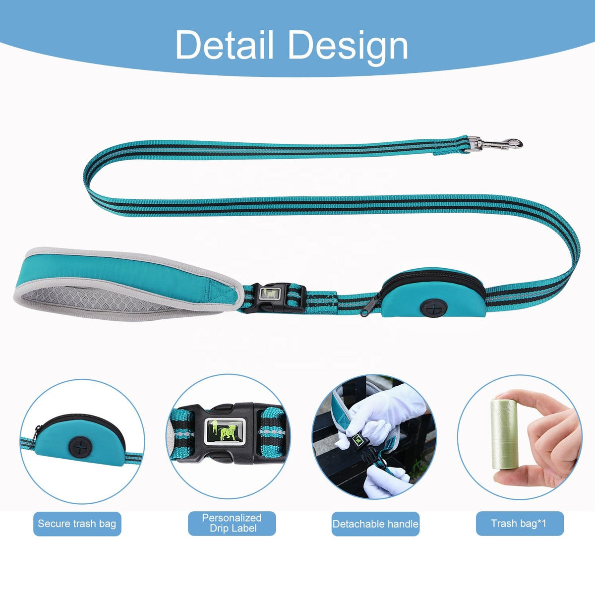 Padded Dog Leash With Built-In Poop Bag Holder & Handle