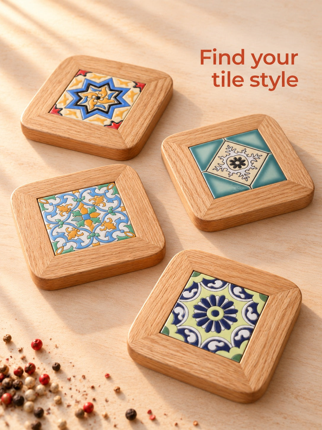 Oak Trivet with Mediterranean Tile for Hot Dishes