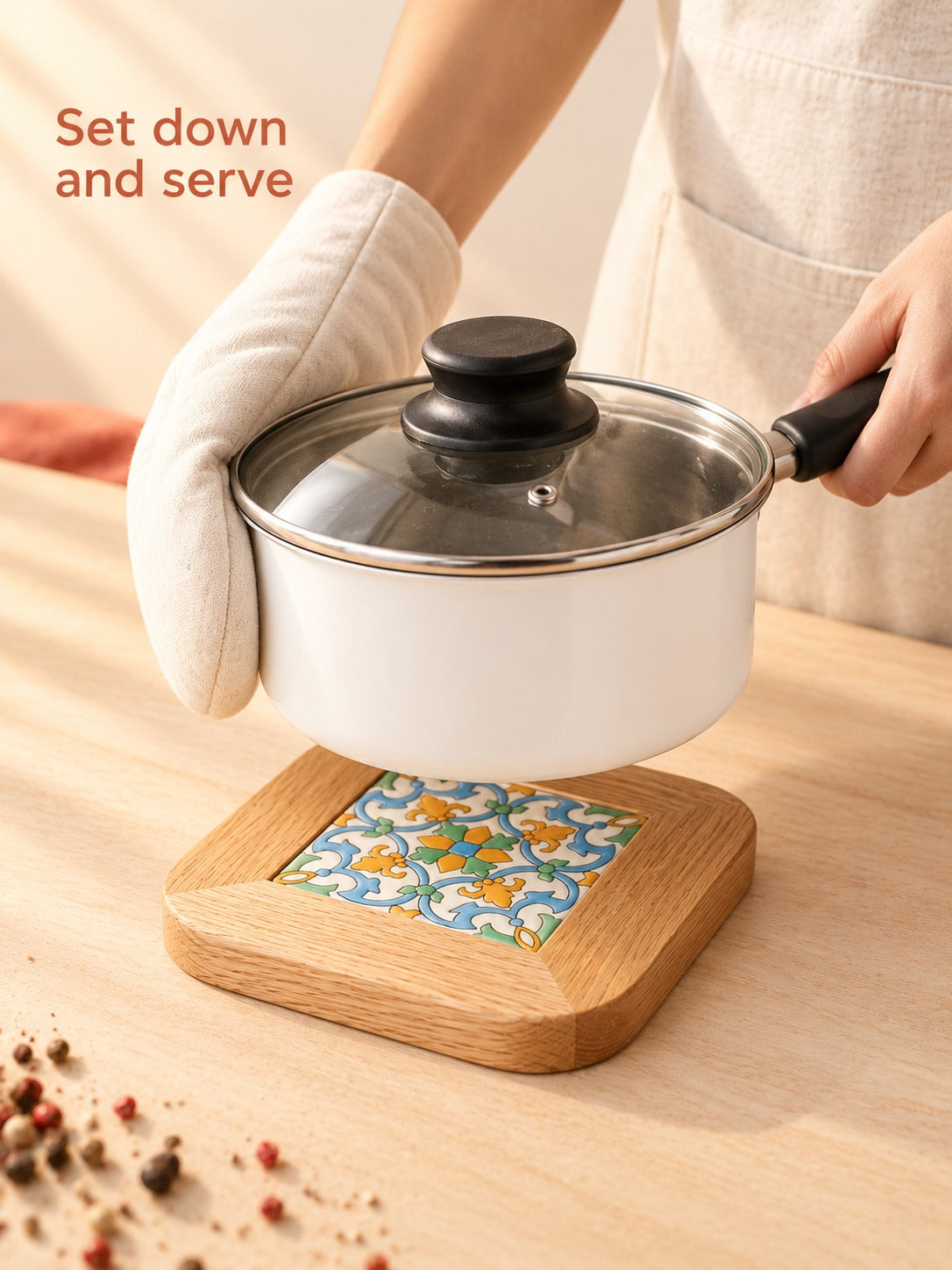 Oak Trivet with Mediterranean Tile for Hot Dishes