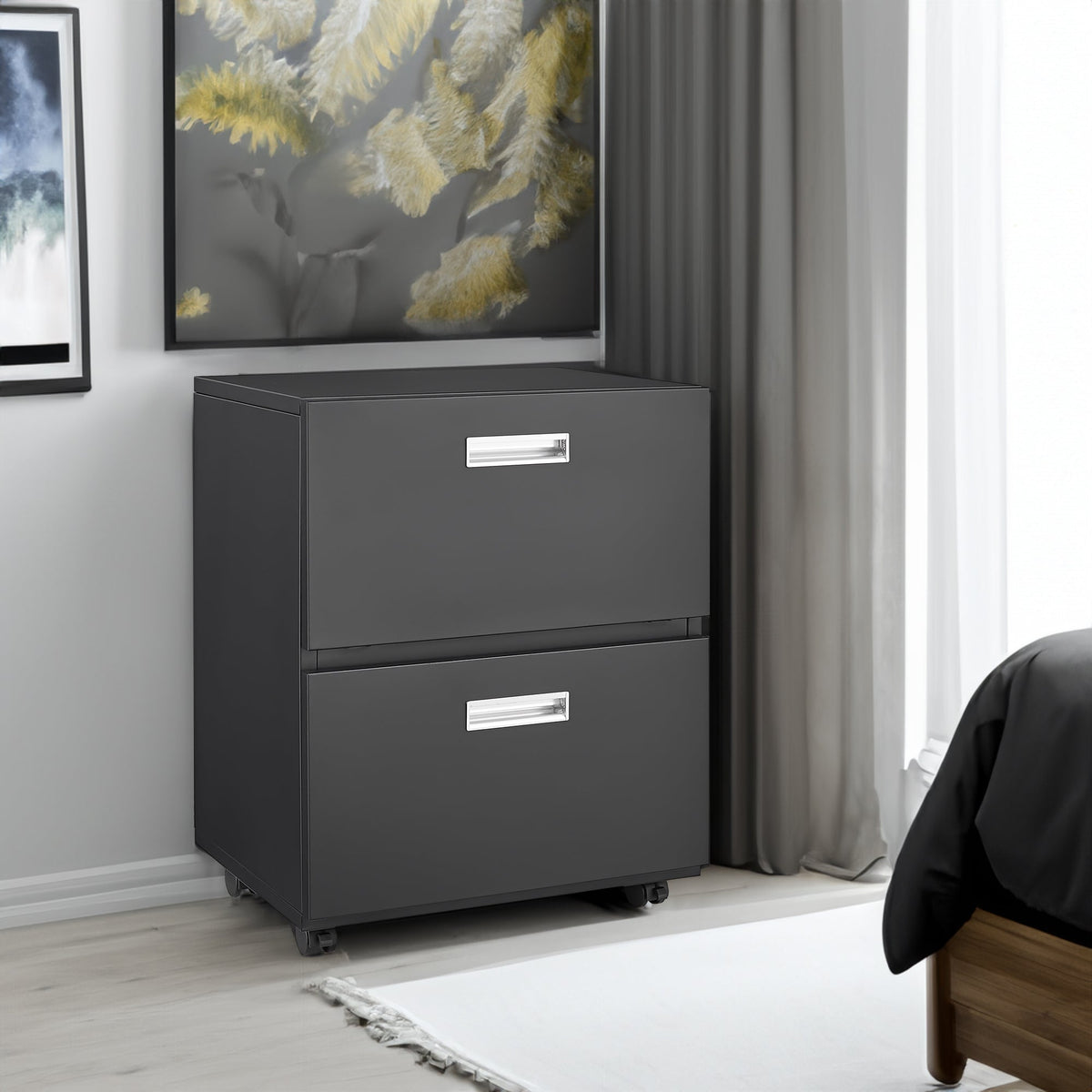 Black Steel Mobile Copier Cabinet with Lockable Drawers