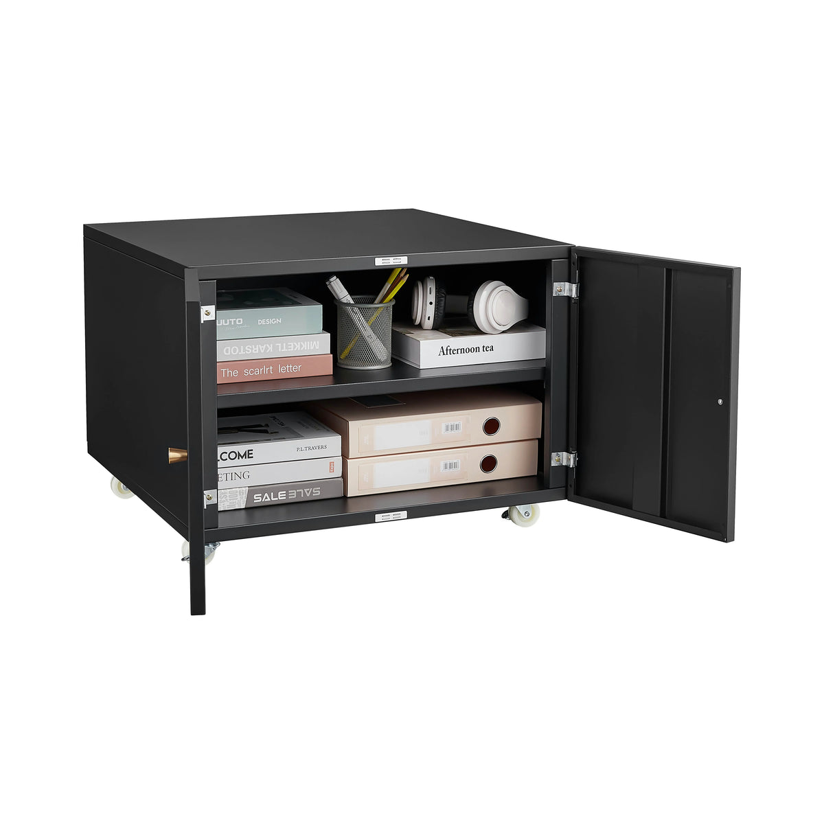 Lockable 2-Door Steel Copier Stand on Rolling Casters