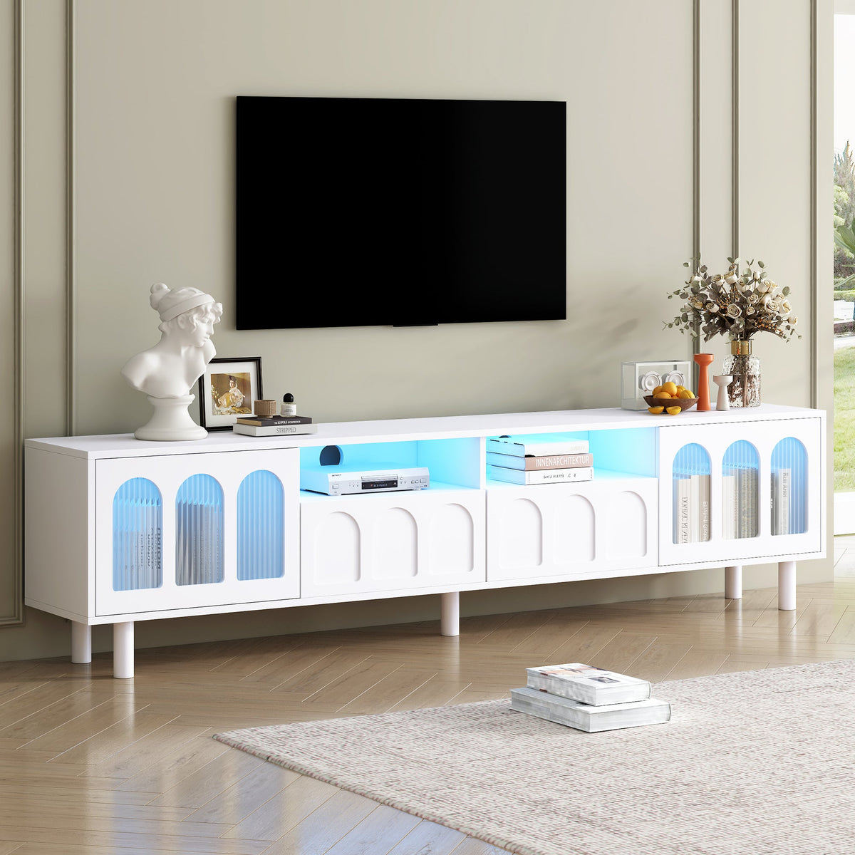 Cream 80 Inch TV Stand with LED Lights & Cable Holes