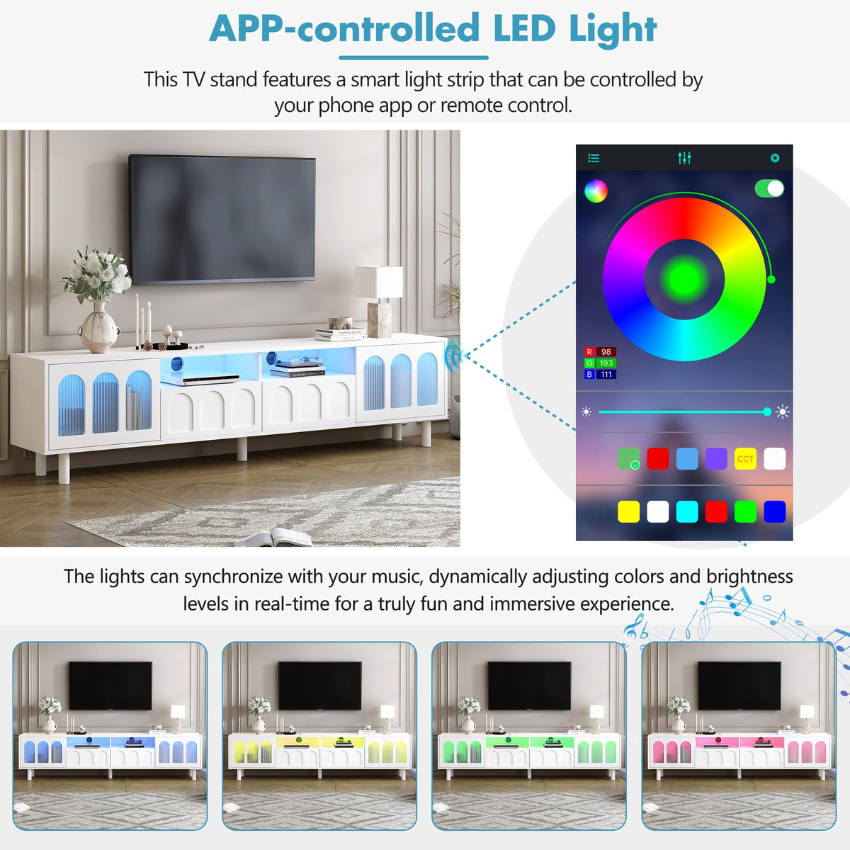 Cream 80 Inch TV Stand with LED Lights & Cable Holes
