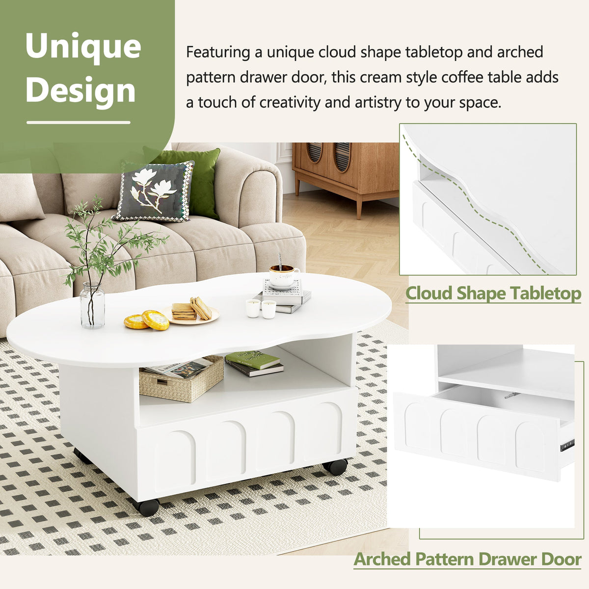 Cream Cloud Coffee Table with Hidden Drawer Storage
