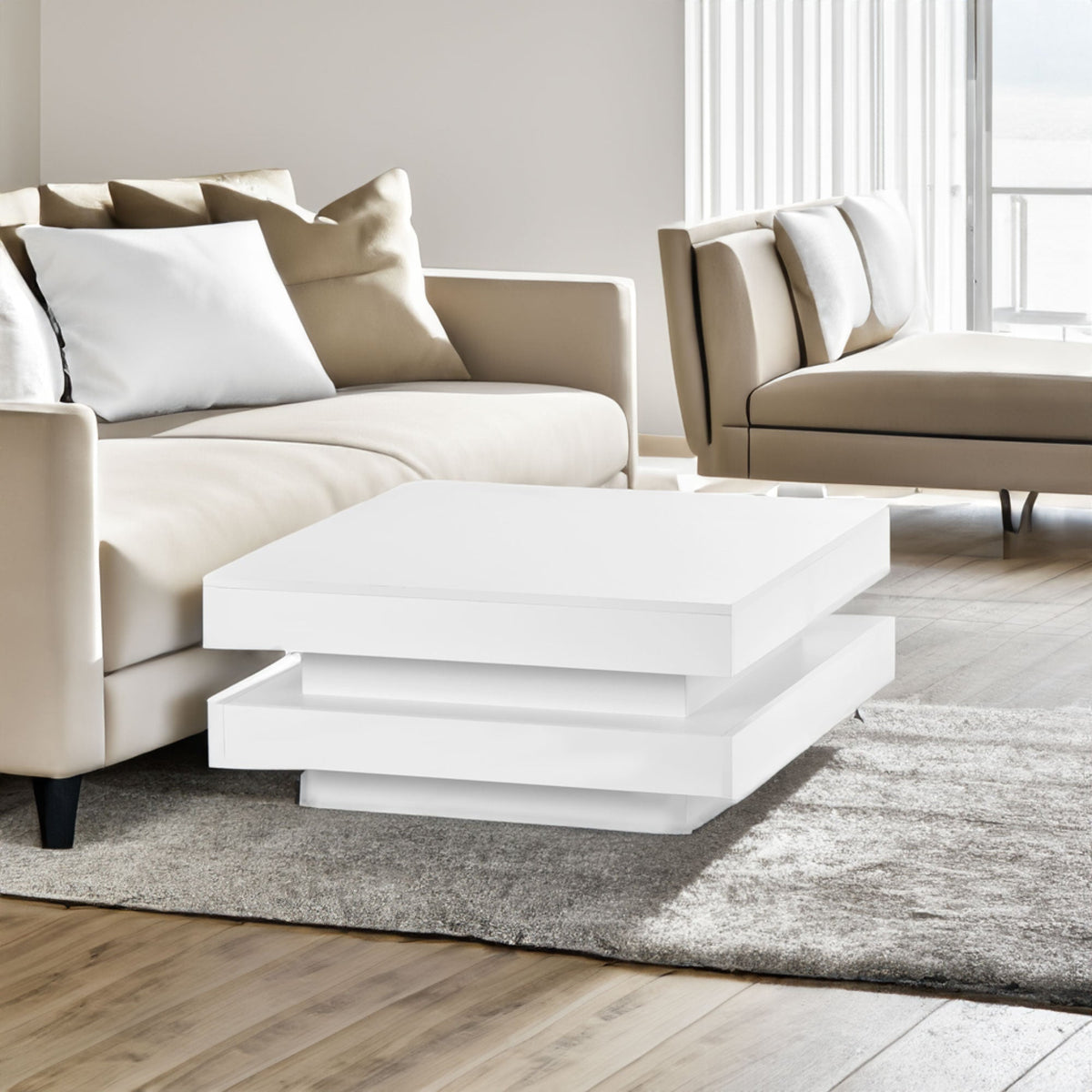 Glossy White 2-Tier Coffee Table with Color LED Lights