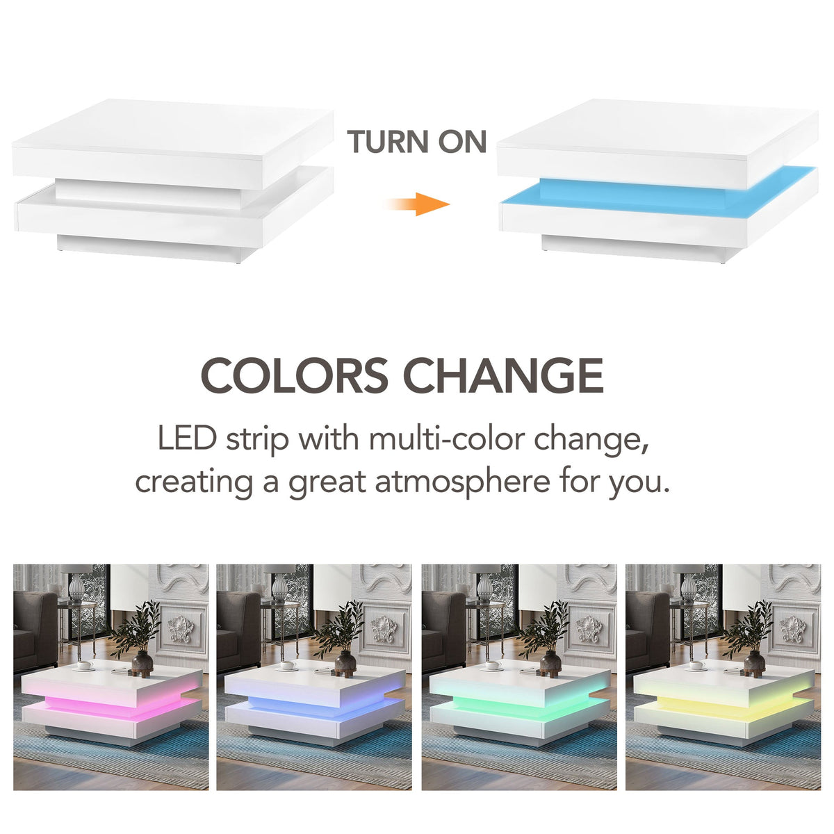 Glossy White 2-Tier Coffee Table with Color LED Lights
