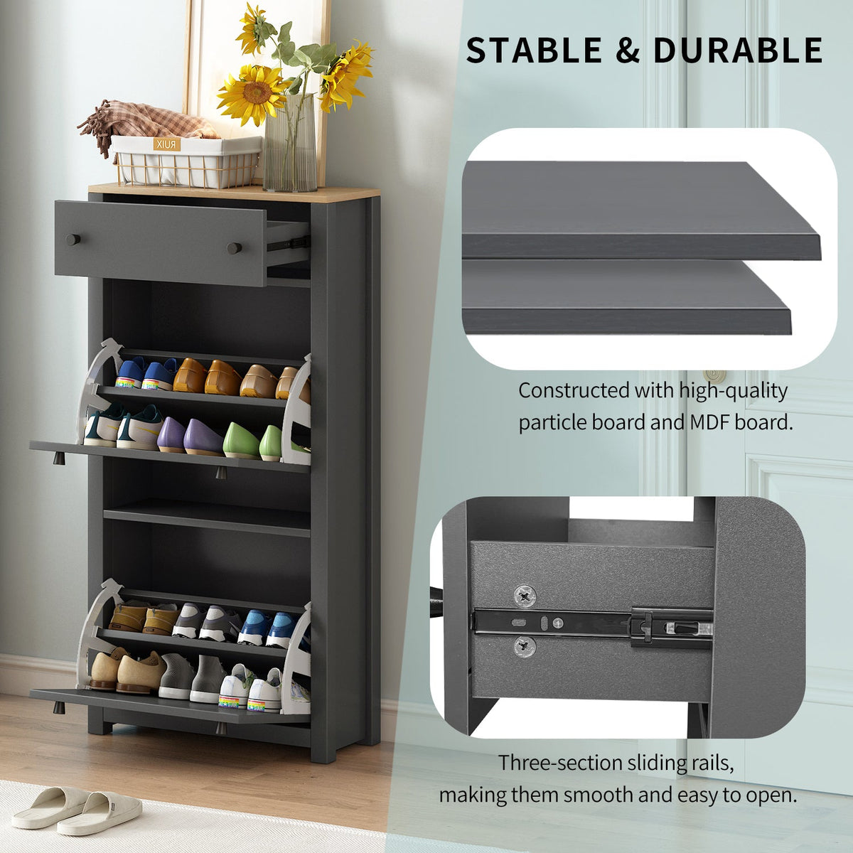 Entryway Shoe Cabinet with Flip-Down Doors, Gray