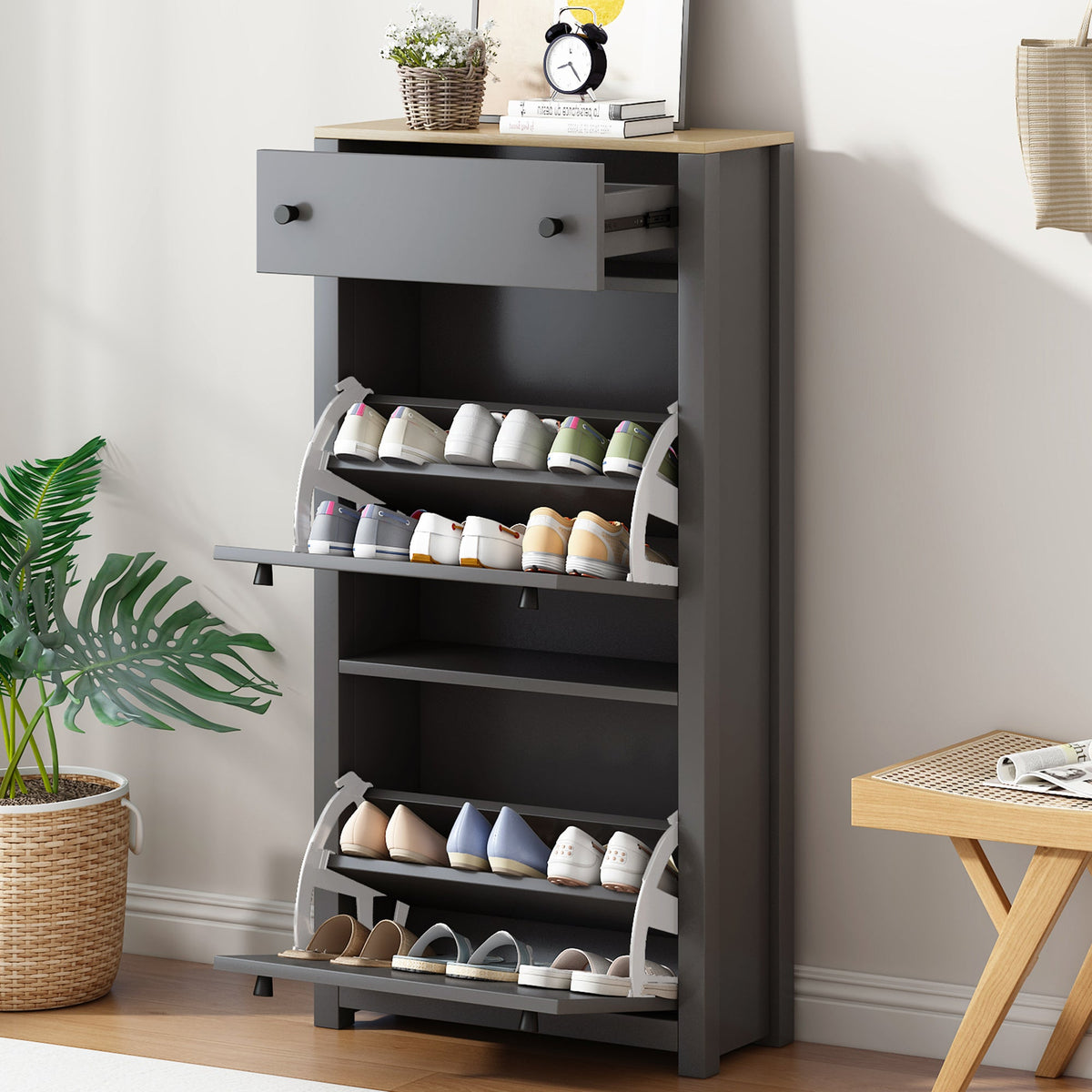 Entryway Shoe Cabinet with Flip-Down Doors, Gray