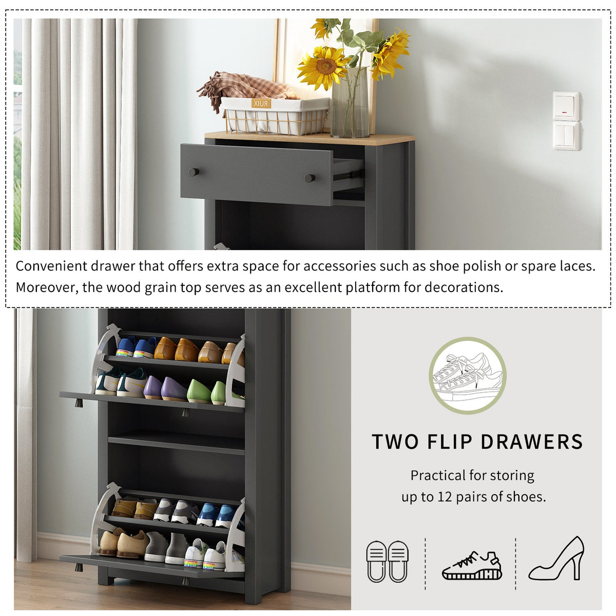 Entryway Shoe Cabinet with Flip-Down Doors, Gray