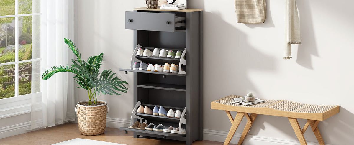 Entryway Shoe Cabinet with Flip-Down Doors, Gray