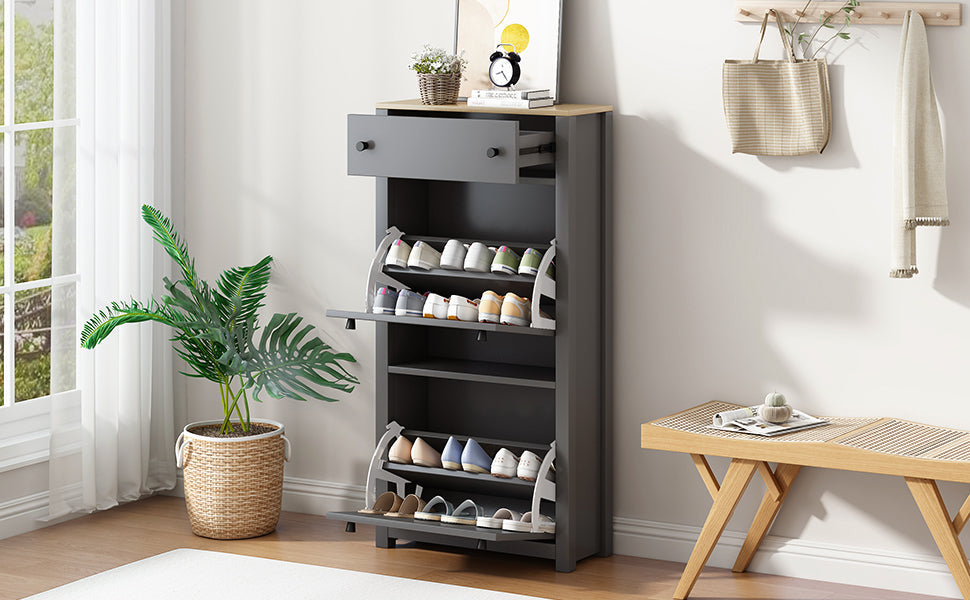 Entryway Shoe Cabinet with Flip-Down Doors, Gray