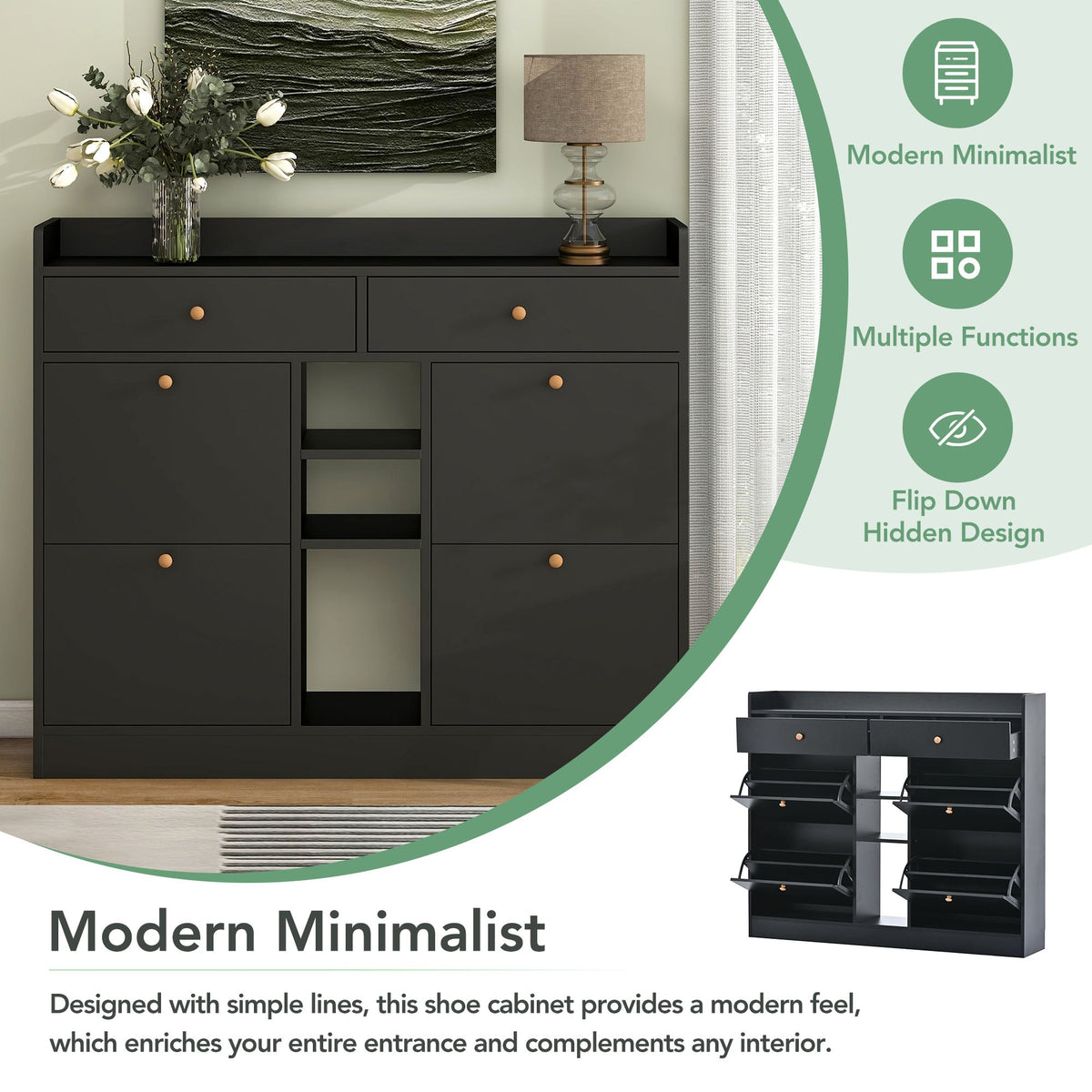 Black Shoe Cabinet with Hidden Flip-Down Shoe Storage