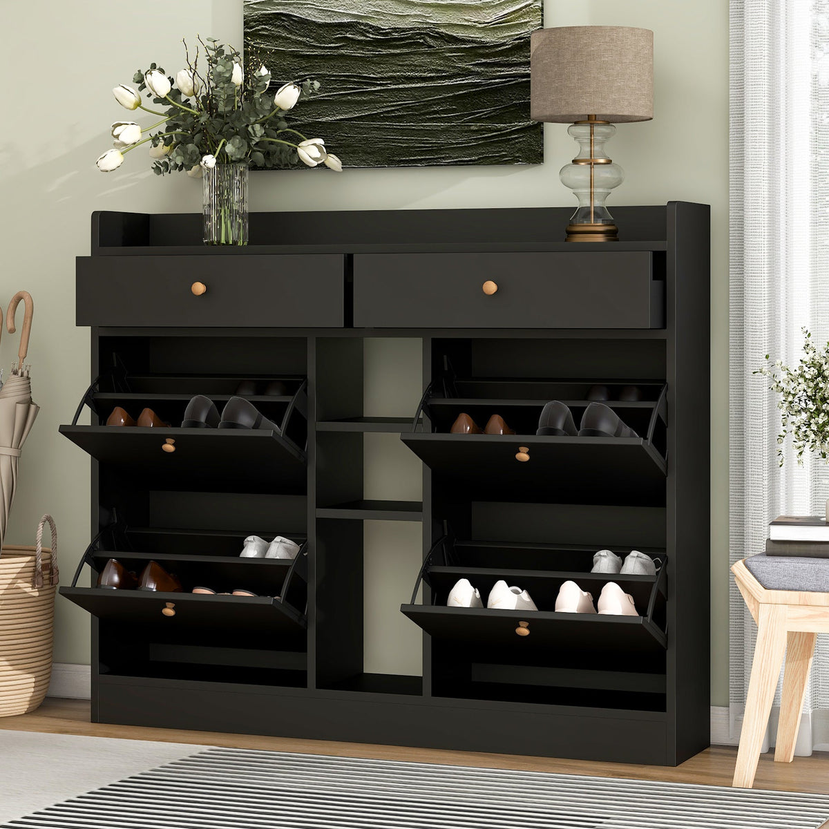 Black Shoe Cabinet with Hidden Flip-Down Shoe Storage