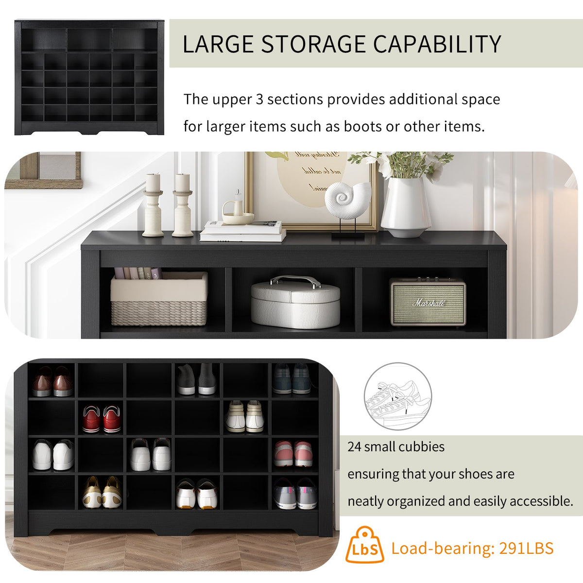 24-Cubby Black Shoe Cabinet with Boot Storage