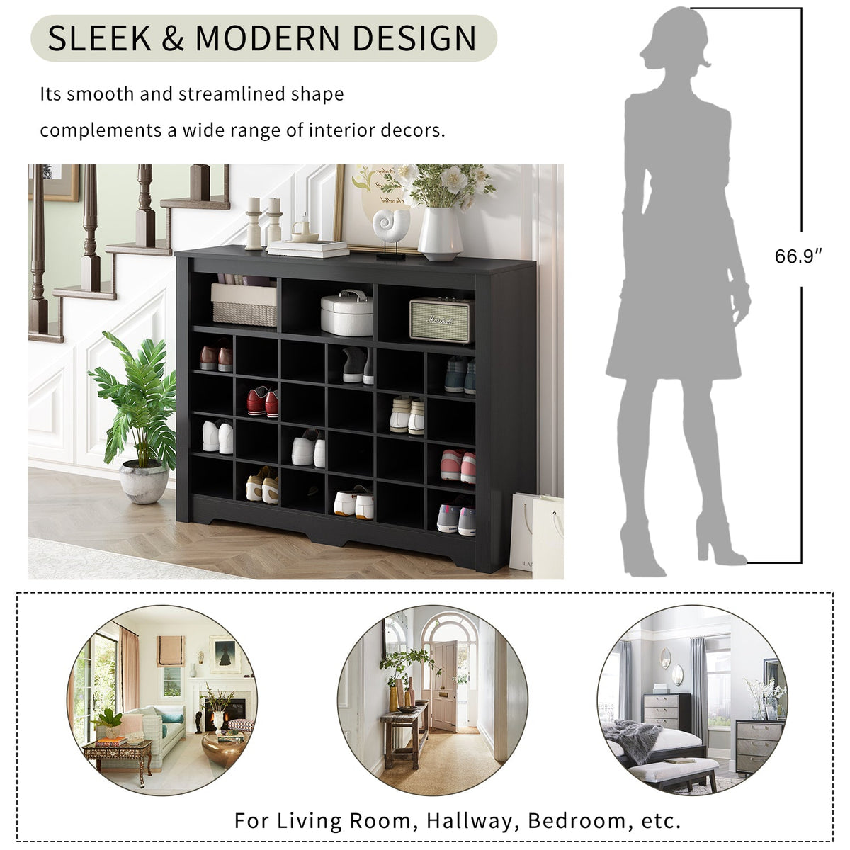 24-Cubby Black Shoe Cabinet with Boot Storage