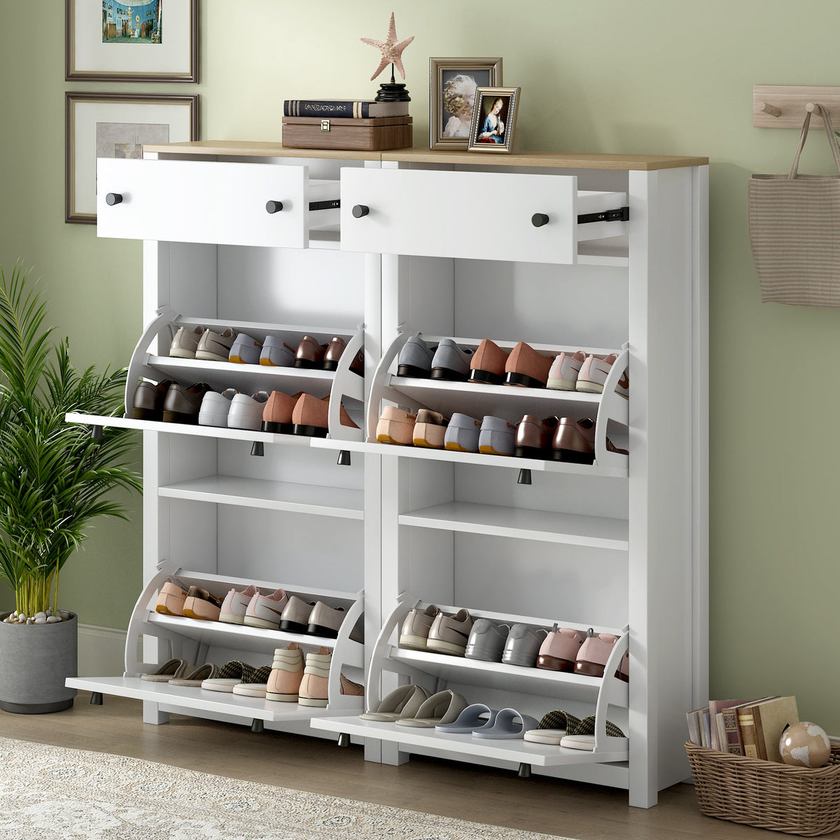 Slim Shoe Cabinet with Flip Doors for Entryway Storage