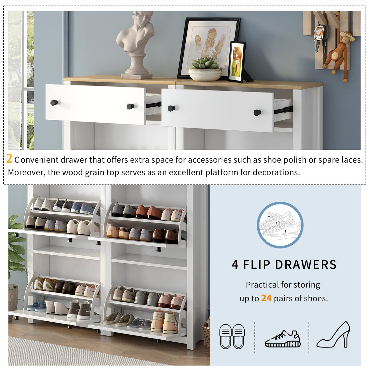 Slim Shoe Cabinet with Flip Doors for Entryway Storage