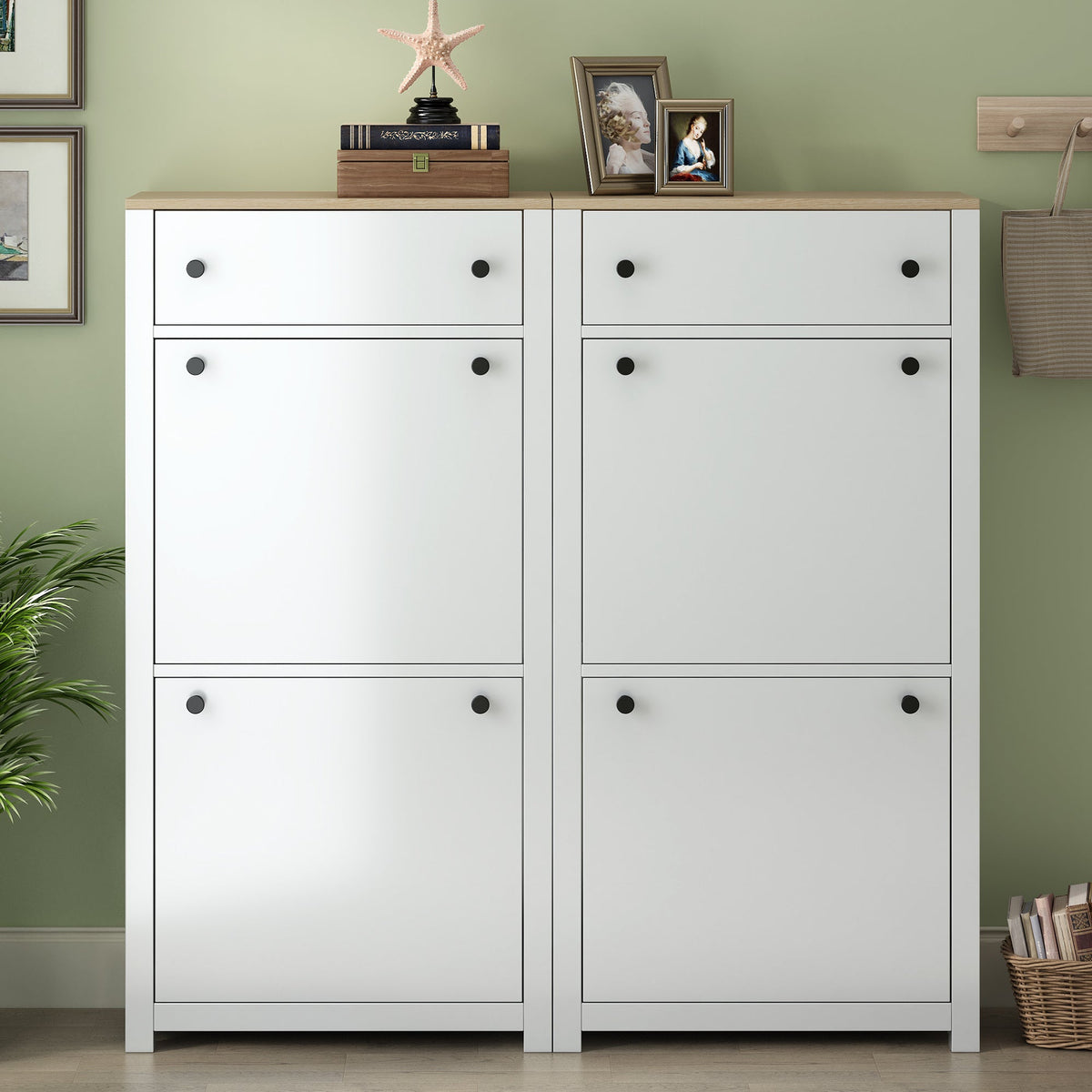 Slim Shoe Cabinet with Flip Doors for Entryway Storage