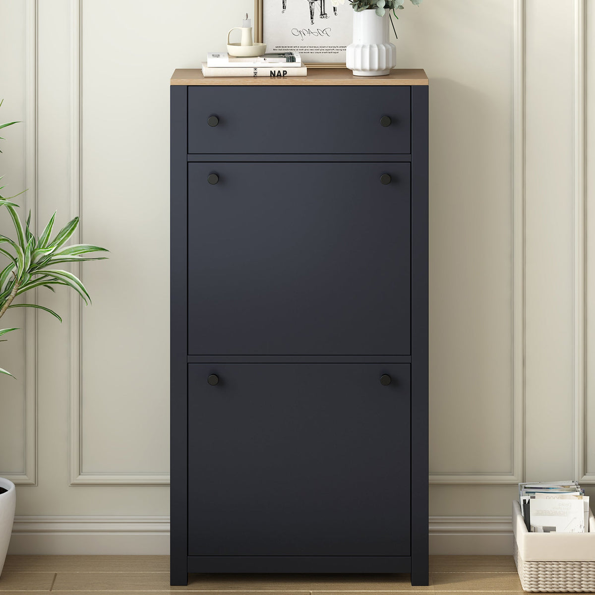 Entryway Shoe Cabinet with Flip Drawers, Matte Black