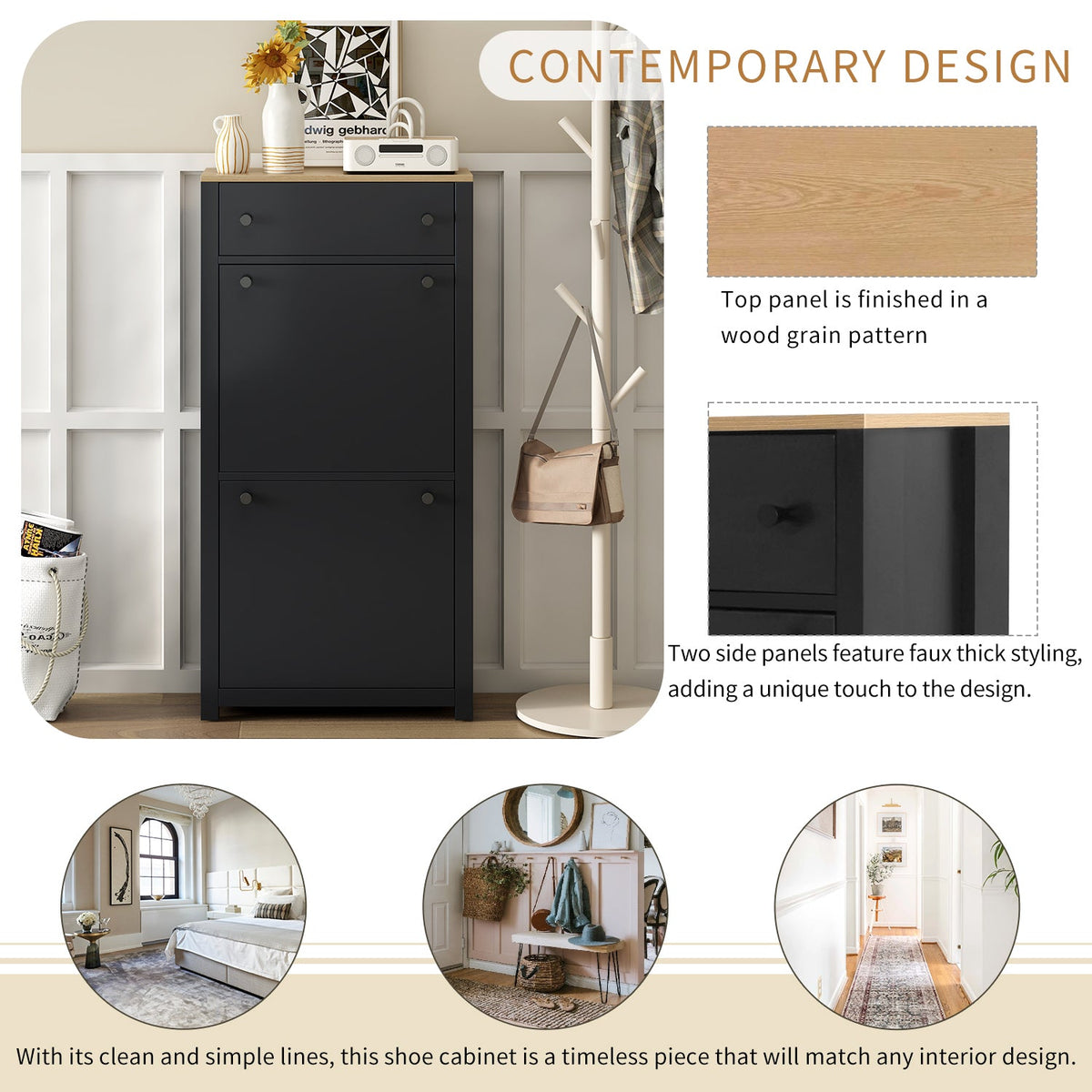 Entryway Shoe Cabinet with Flip Drawers, Matte Black