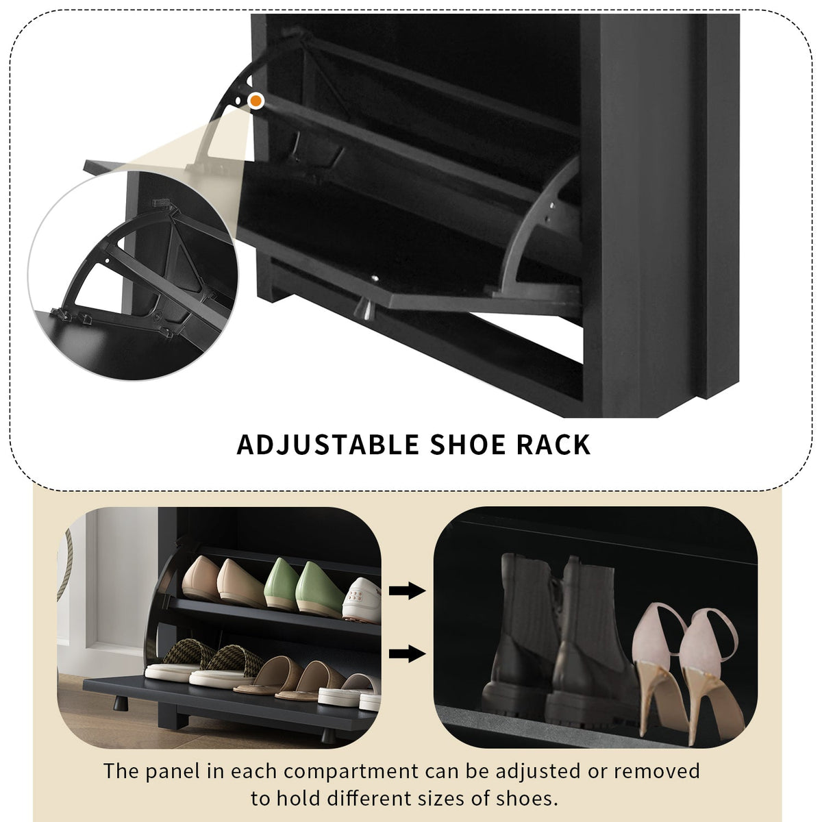 Entryway Shoe Cabinet with Flip Drawers, Matte Black