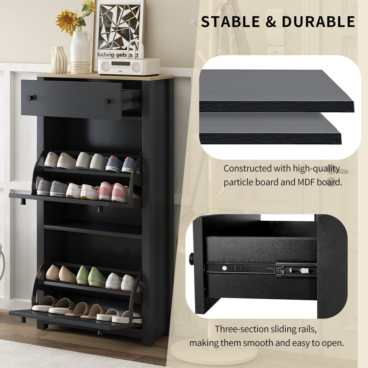 Entryway Shoe Cabinet with Flip Drawers, Matte Black