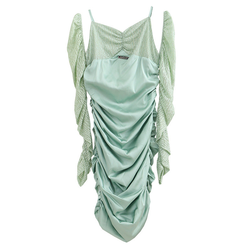 Ruched Satin Mini Dress with Lace Sleeves for Date Night