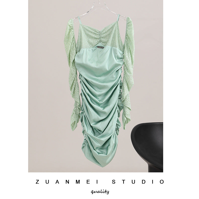 Ruched Satin Mini Dress with Lace Sleeves for Date Night