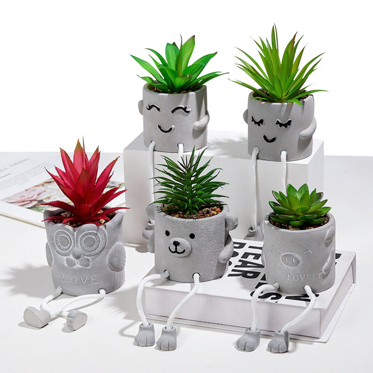 Artificial Succulent Planter with Playful Desk Decor