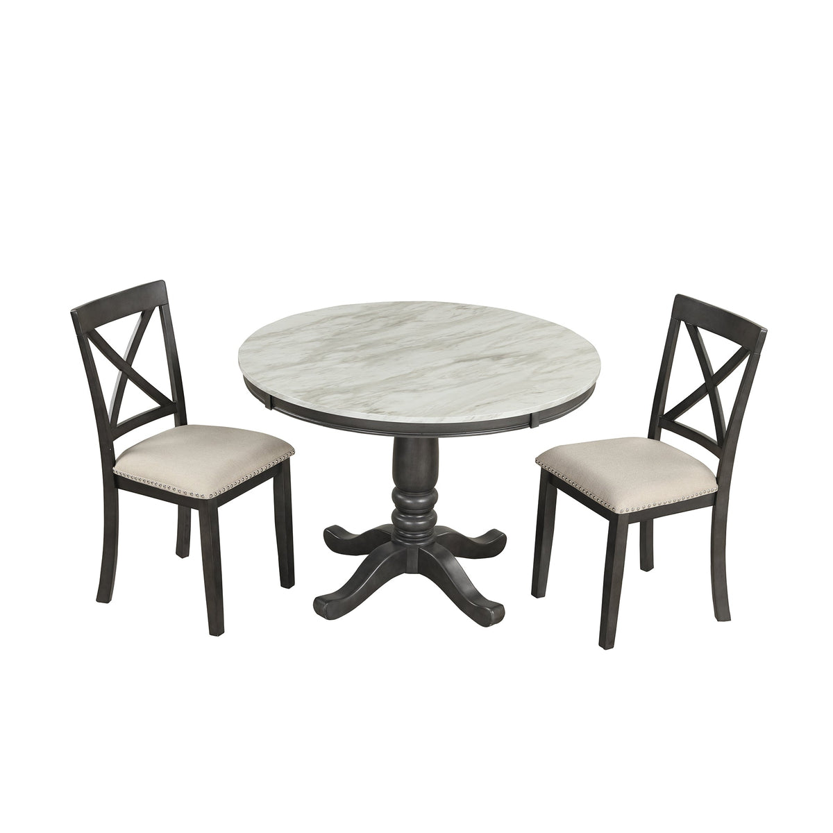 Round Marble-Look Dining Table Set for 4 with Padded Chairs