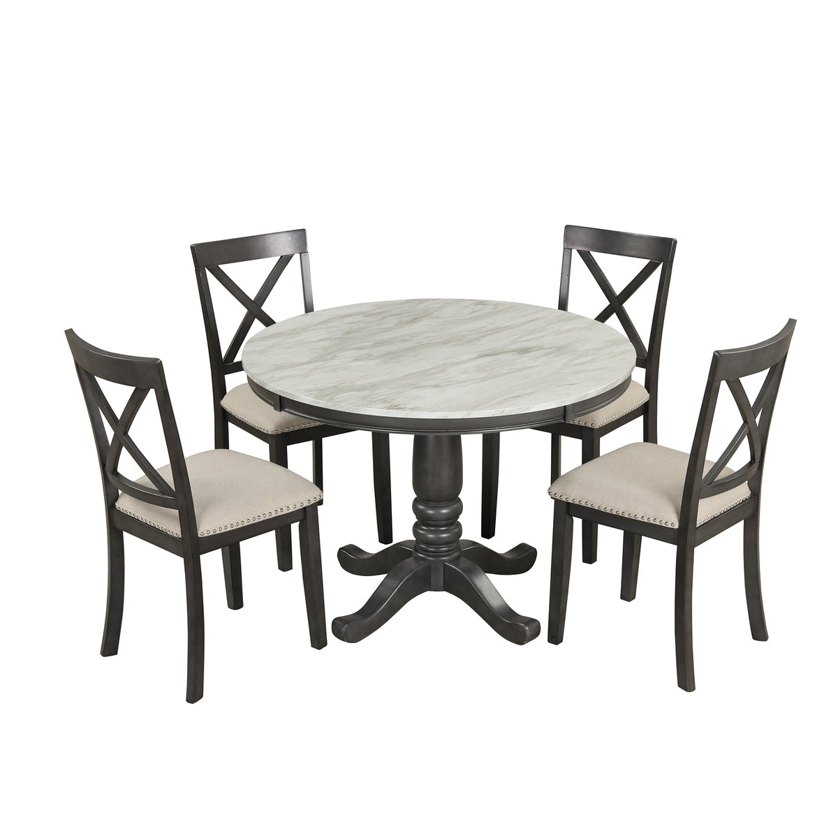 Round Marble-Look Dining Table Set for 4 with Padded Chairs