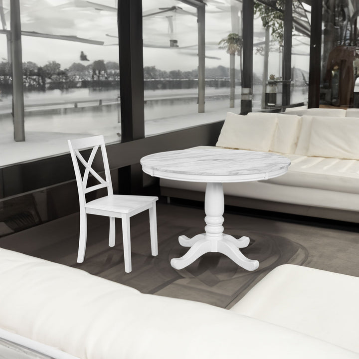 White Round Dining Table Set for 4 with Marble-Look Top
