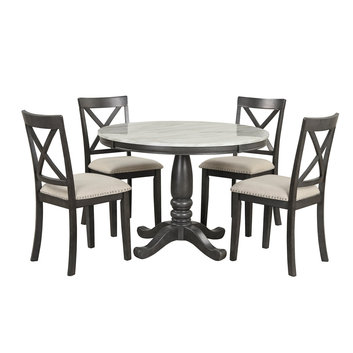 Round Marble-Look Dining Table Set for 4 with Padded Chairs