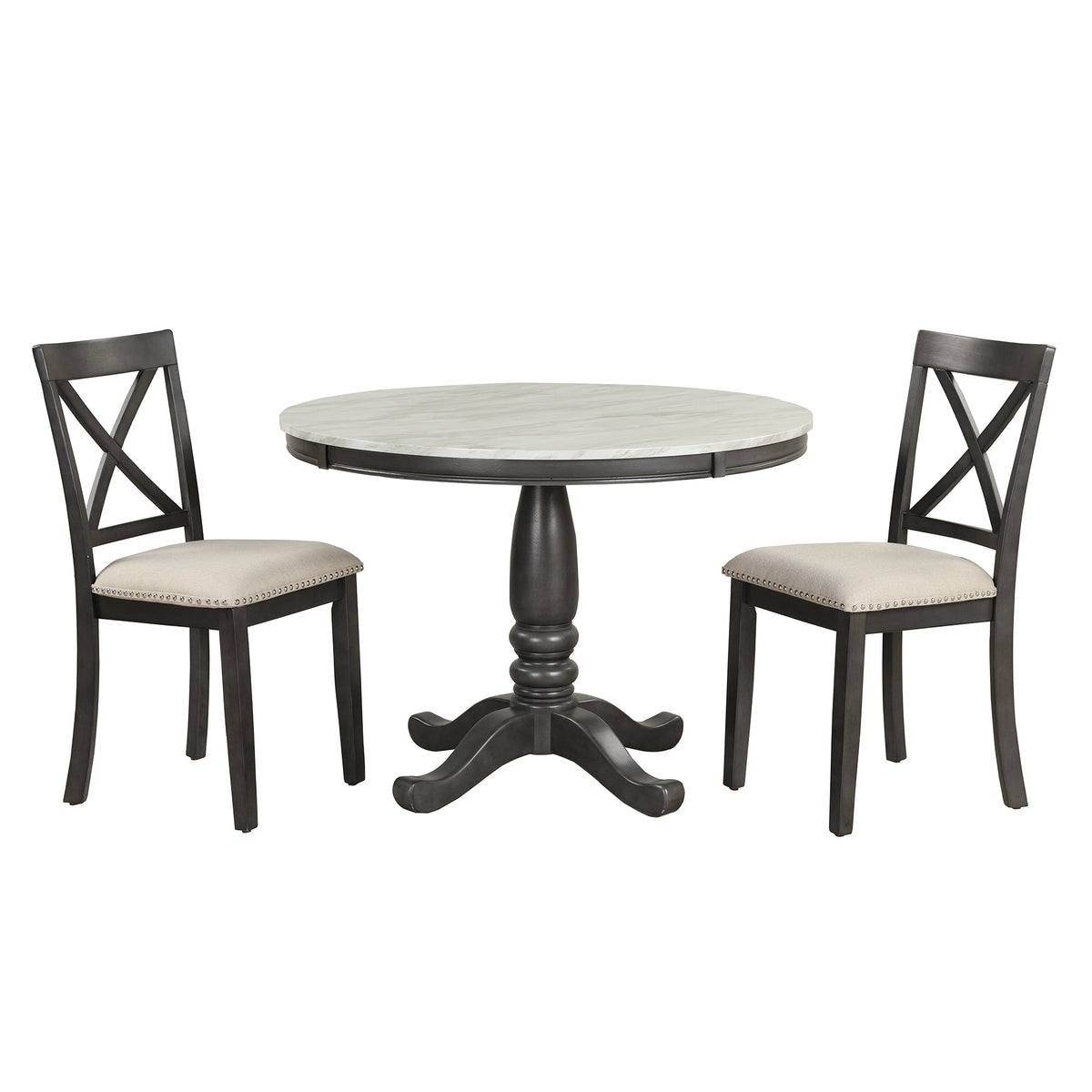Round Marble-Look Dining Table Set for 4 with Padded Chairs