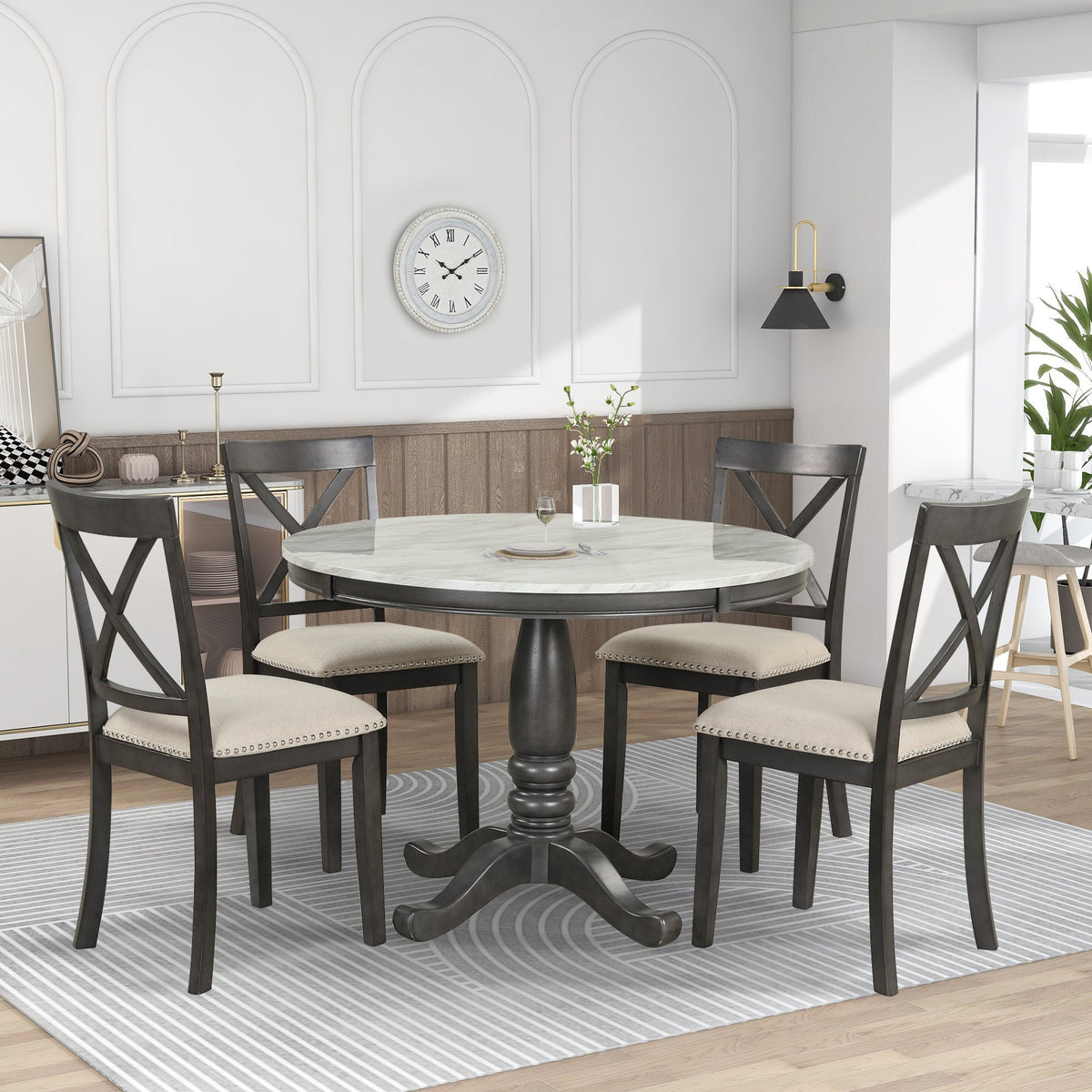 Round Marble-Look Dining Table Set for 4 with Padded Chairs