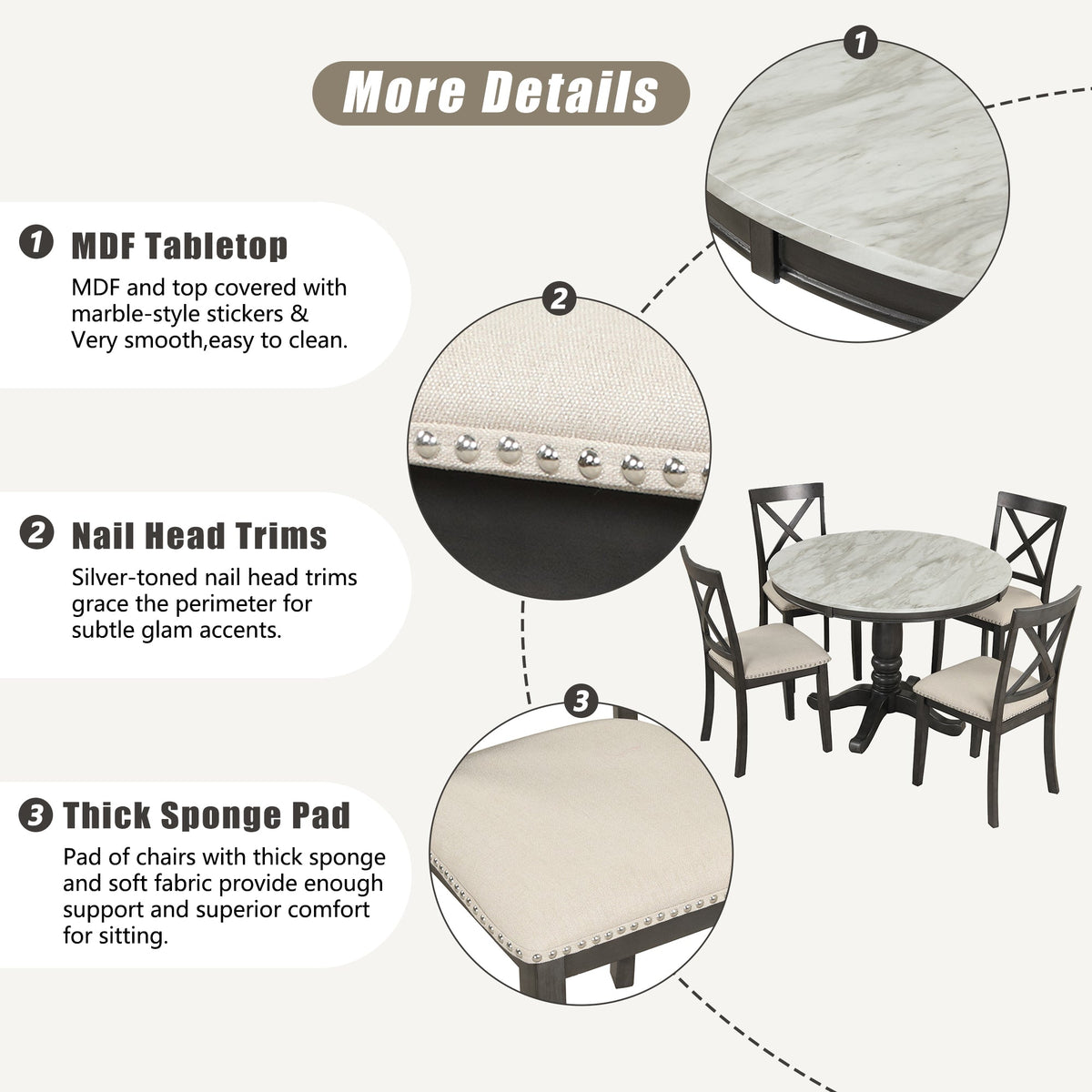 Round Marble-Look Dining Table Set for 4 with Padded Chairs