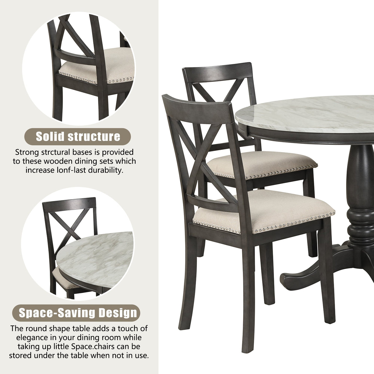 Round Marble-Look Dining Table Set for 4 with Padded Chairs