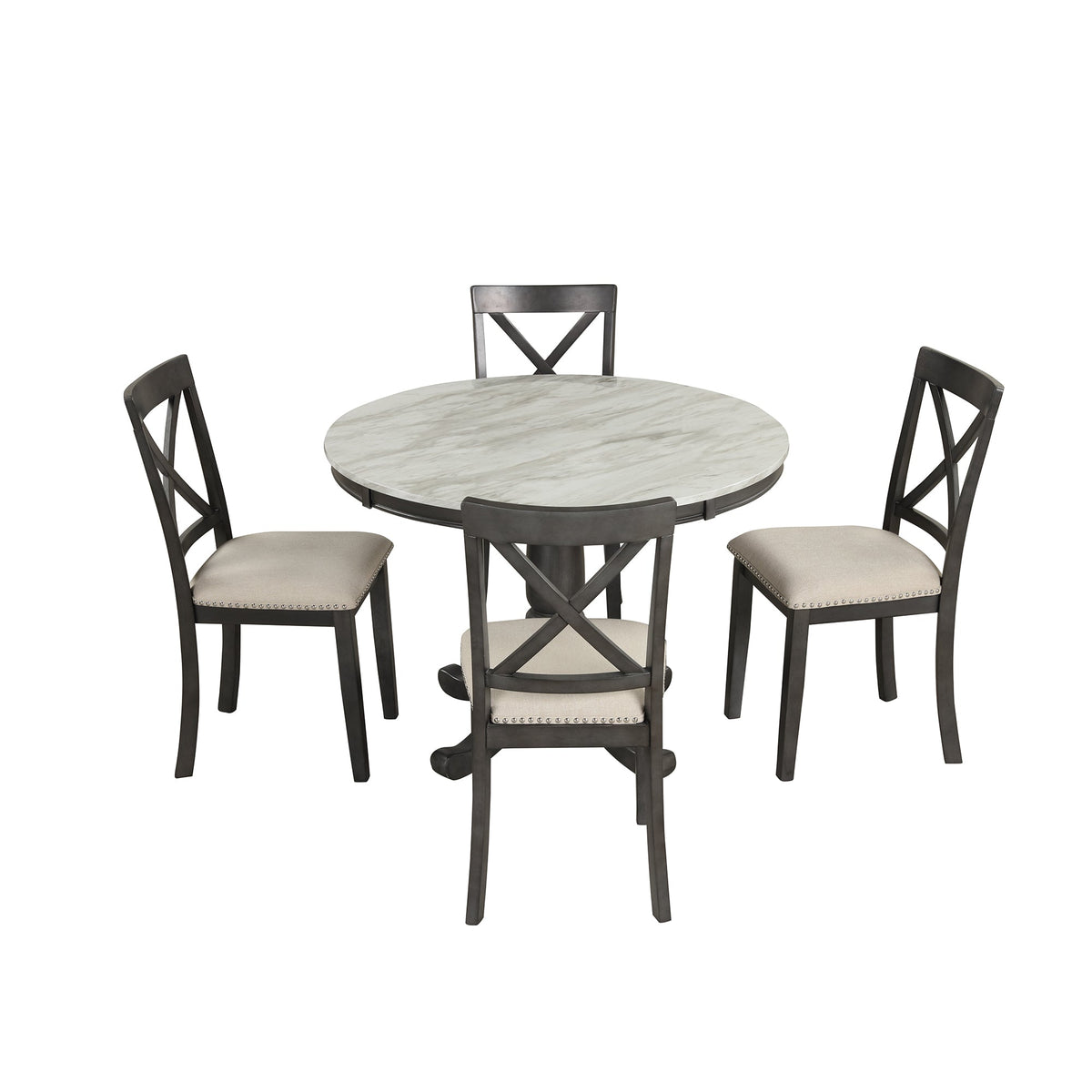 Round Marble-Look Dining Table Set for 4 with Padded Chairs