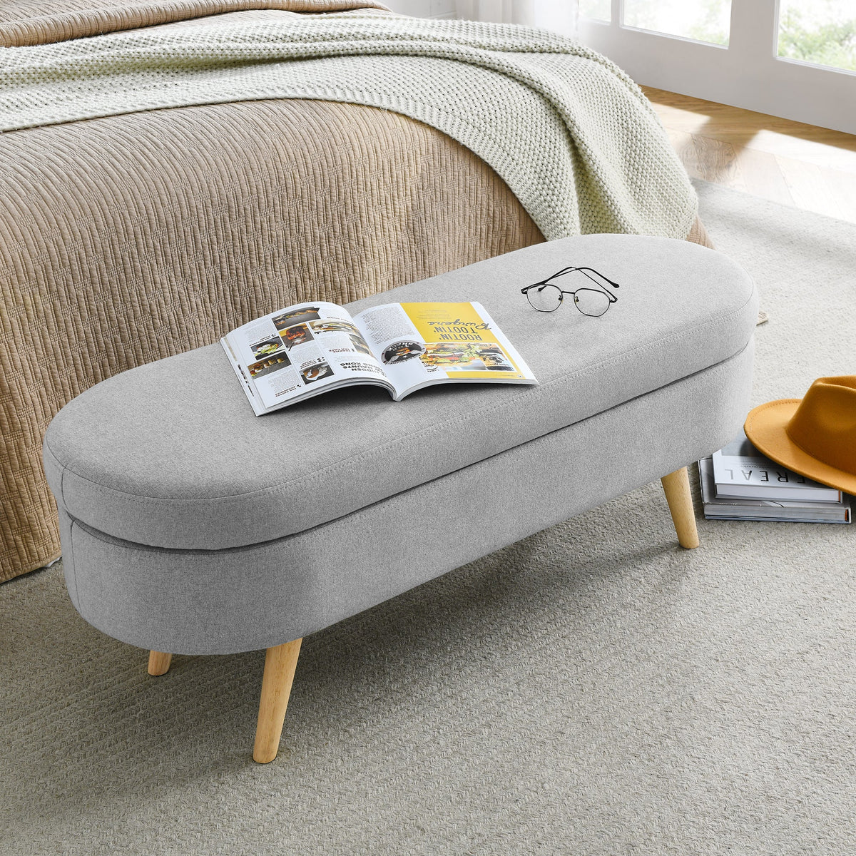 Oval Storage Ottoman Bench with Wood Legs, Light Grey