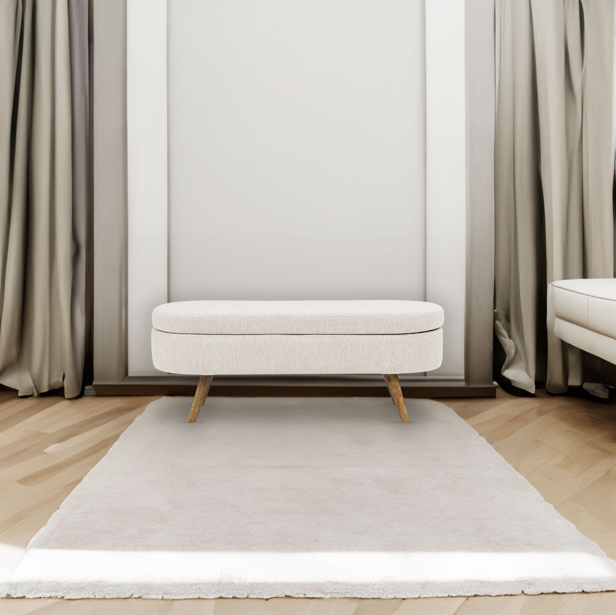 Oval Storage Bench with Rubber Wood Legs, Beige