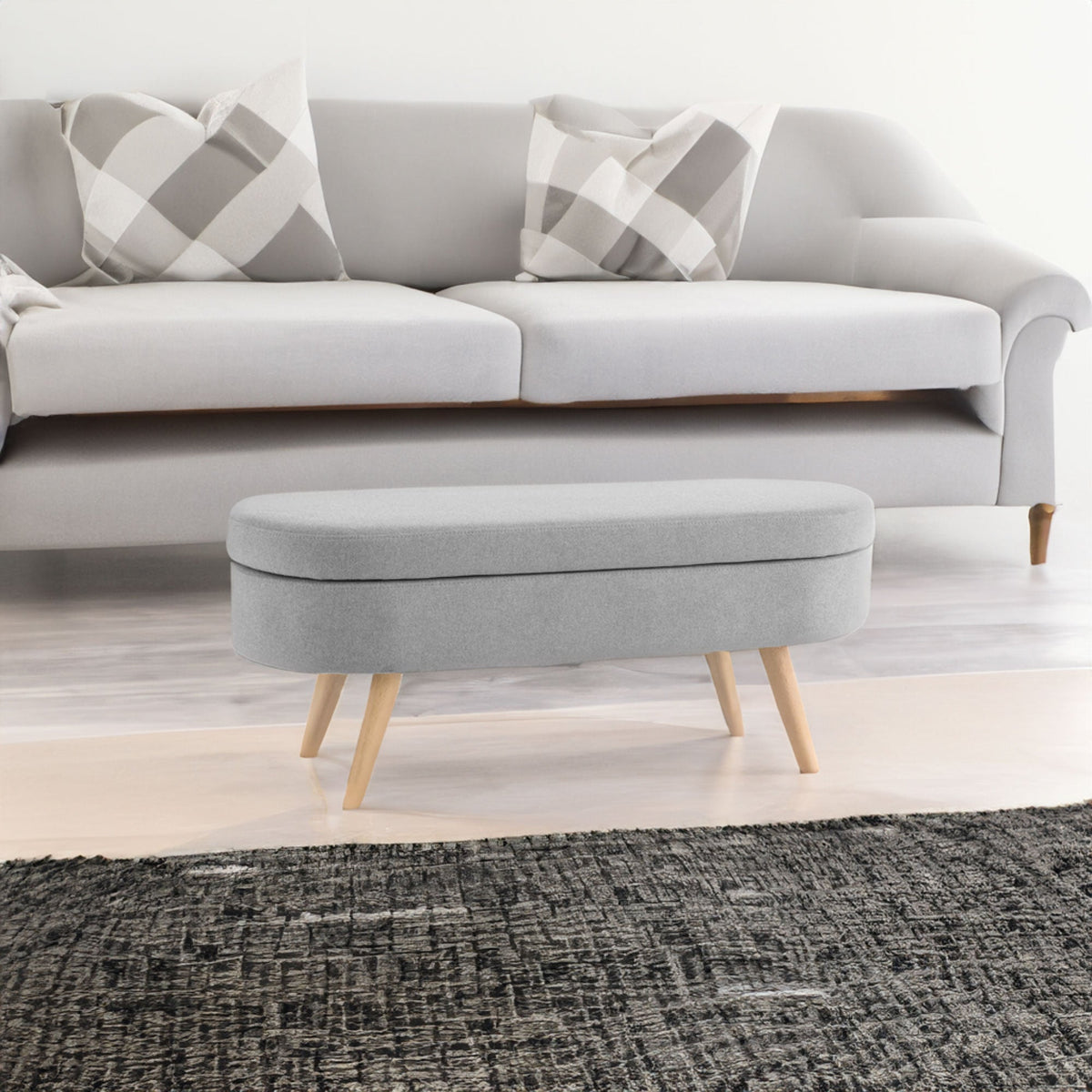 Oval Storage Ottoman Bench with Wood Legs, Light Grey